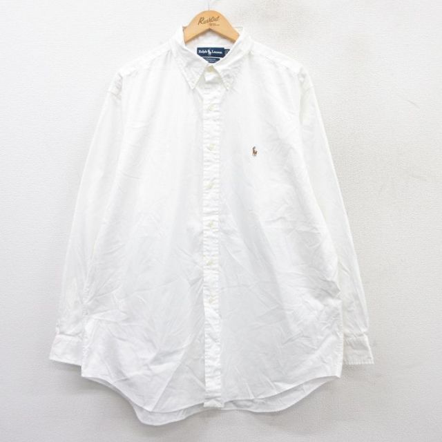 XL★古着 ラルフローレン Ralph Lauren 長袖 ブランド シャツ メンズ 90年代 90s ワンポイントロゴ オックスフォード YARMOUTH 大きいサイズ ロング丈 コットン ボタンダウン 白 ホワイト 25aug22 中古 トップス