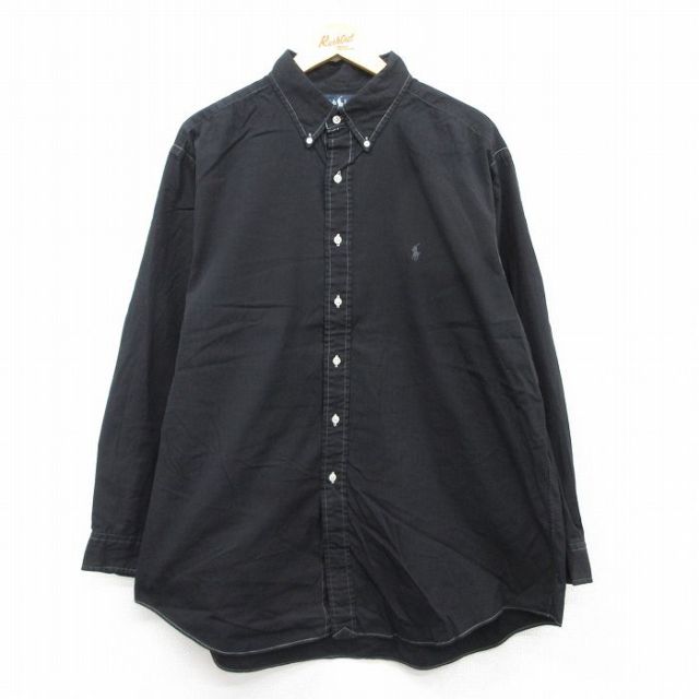 【50%OFF】XL★古着 ラルフローレン Ralph Lauren 長袖 ブランド シャツ メンズ 90年代 90s ワンポイントロゴ YARMOUTH オックスフォード 大きいサイズ ロング丈 コットン ボタンダウン 黒 ブラック 25aug22 中古 トップス