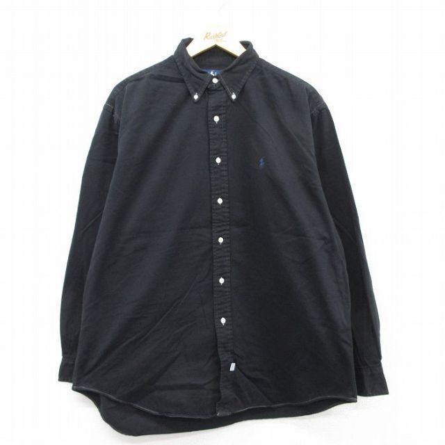 【20%OFF】XL★古着 ラルフローレン Ralph Lauren 長袖 ブランド シャツ メンズ 90年代 90s ワンポイントロゴ 大きいサイズ ロング丈 コットン ボタンダウン 黒 ブラック 【spe】 25aug22 中古 トップス