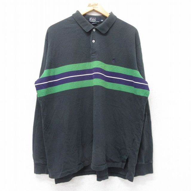 XL★古着 ラルフローレン Ralph Lauren 長袖 ブランド ポロ シャツ メンズ 90年代 90s ワンポイントロゴ 大きいサイズ コットン 黒他 ブラック 25aug25 中古 トップス