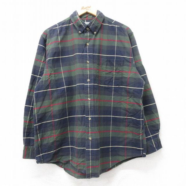 XL★古着 エルエルビーン LLBEAN 長袖 ブランド シャツ メンズ 90年代 90s コットン ボタンダウン 緑他 グリーン チェック 25aug26 中古 トップス