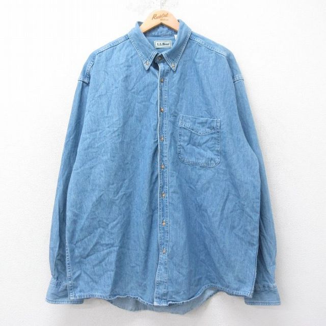 【50%OFF】XL★古着 エルエルビーン LLBEAN 長袖 ブランド シャツ メンズ 90年代 90s 大きいサイズ ロング丈 コットン ボタンダウン カナダ製 紺 ネイビー デニム 【spe】 25aug26 中古 トップス