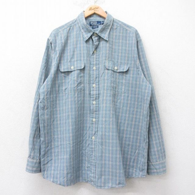 XL★古着 ラルフローレン Ralph Lauren 長袖 ブランド シャツ メンズ 90年代 90s MATLOCK 大きいサイズ ロング丈 コットン 薄紺他 ネイビー 【spe】 25aug26 中古 トップス