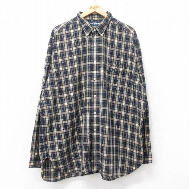 XL★古着 ラルフローレン Ralph Lauren 長袖 ブランド シャツ メンズ 90年代 90s ワンポイントロゴ MCMEEL マチ付き 大きいサイズ ロング丈 コットン ボタンダウン ベージュ他 カーキ チェック 25aug26 中古 トップス