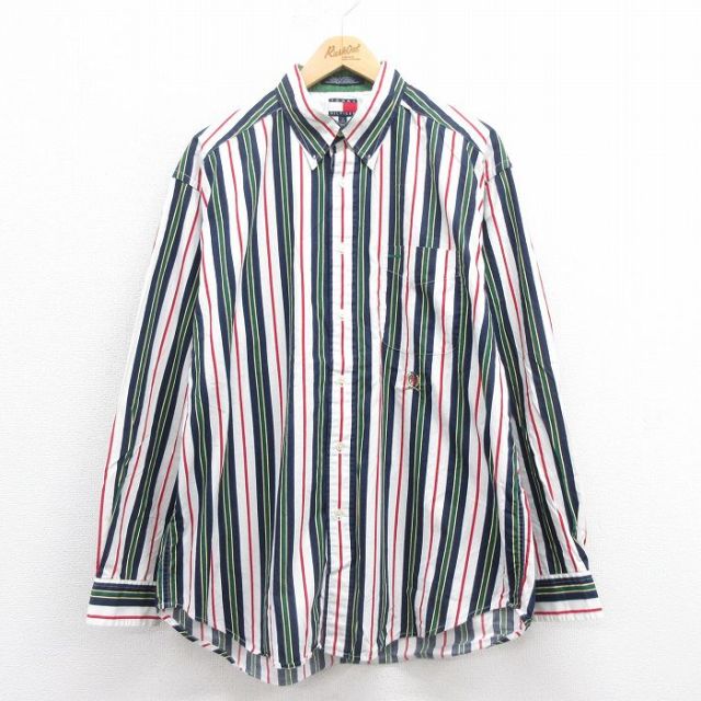 【50%OFF】XL★古着 トミーヒルフィガー TOMMY HILFIGER 長袖 ブランド シャツ メンズ 90年代 90s ワンポイントロゴ 大きいサイズ コットン ボタンダウン 白他 ホワイト ストライプ 25aug27 中古 トップス