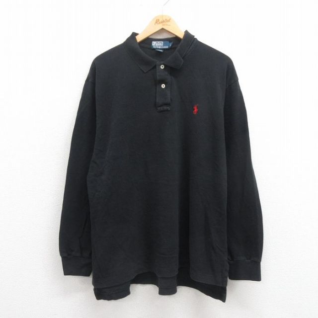 XL★古着 ラルフローレン Ralph Lauren 長袖 ブランド ポロ シャツ メンズ 90年代 90s ワンポイントロゴ 鹿の子 大きいサイズ コットン 黒 ブラック 25aug27 中古 トップス