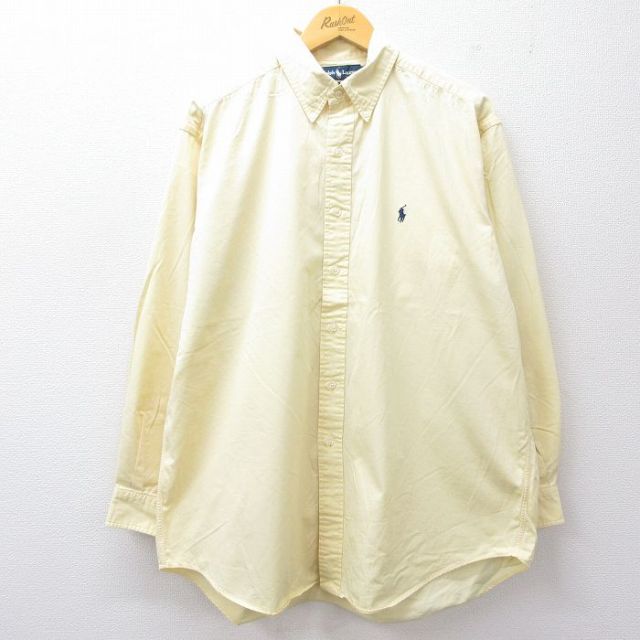 XL★古着 ラルフローレン Ralph Lauren 長袖 ブランド シャツ メンズ 90年代 90s ワンポイントロゴ BLAKE 大きいサイズ ロング丈 コットン ボタンダウン 薄黄 イエロー 25sep02 中古 トップス