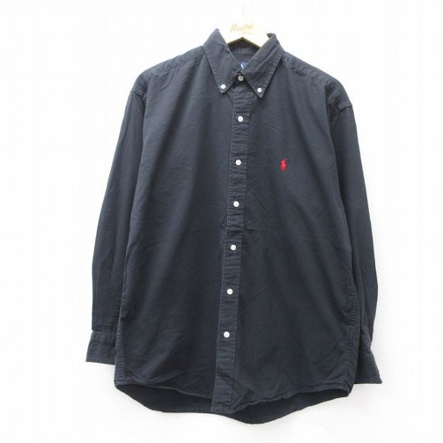 XL★古着 ラルフローレン Ralph Lauren 長袖 ブランド シャツ メンズ 90年代 90s ワンポイントロゴ BLAKE コットン ボタンダウン 黒 ブラック 25sep02 中古 トップス