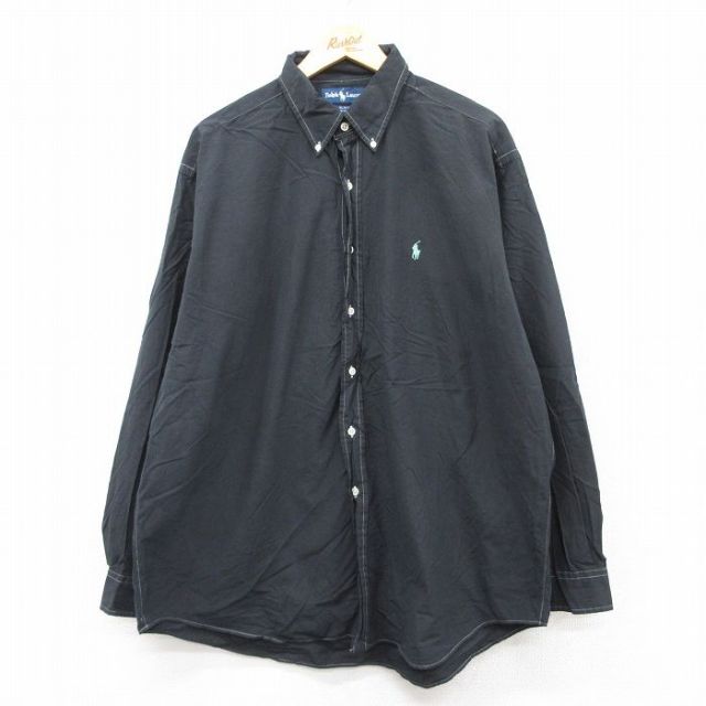 XL★古着 ラルフローレン Ralph Lauren 長袖 ブランド シャツ メンズ 90年代 90s ワンポイントロゴ BLAKE 大きいサイズ ロング丈 コットン ボタンダウン 黒 ブラック 25sep02 中古 トップス