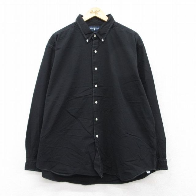 XL★古着 ラルフローレン Ralph Lauren 長袖 ブランド シャツ メンズ 90年代 90s ワンポイントロゴ MARLOWE 大きいサイズ ロング丈 コットン ボタンダウン 黒 ブラック 25sep02 中古 トップス
