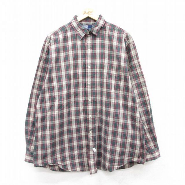 XL★古着 ラルフローレン Ralph Lauren 長袖 ブランド シャツ メンズ 90年代 90s 大きいサイズ ロング丈 コットン 緑他 グリーン チェック 25sep02 中古 トップス