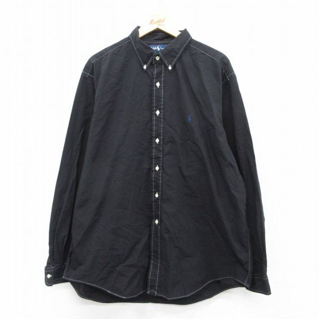 XL★古着 ラルフローレン Ralph Lauren 長袖 ブランド シャツ メンズ 90年代 90s ワンポイントロゴ YARMOUTH 大きいサイズ ロング丈 コットン ボタンダウン 黒 ブラック 25sep02 中古 トップス