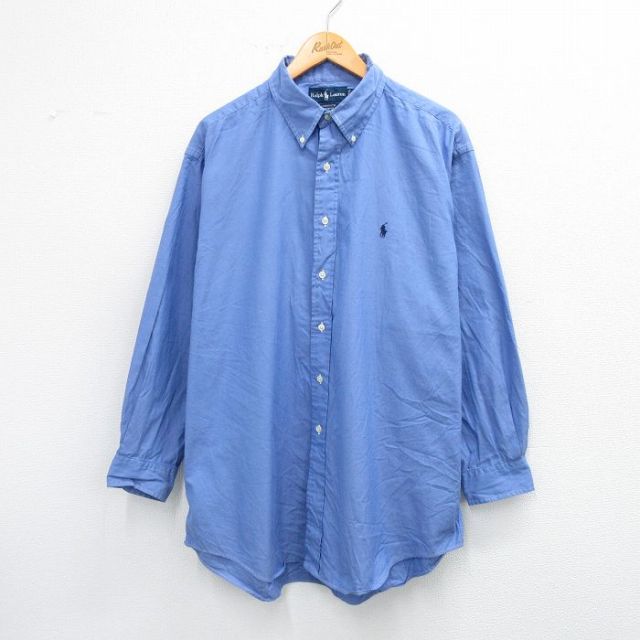 XL★古着 ラルフローレン Ralph Lauren 長袖 ブランド シャツ メンズ 90年代 90s ワンポイントロゴ　YARMOUTH 大きいサイズ ロング丈 コットン ボタンダウン 薄紺 ネイビー 25sep02 中古 トップス