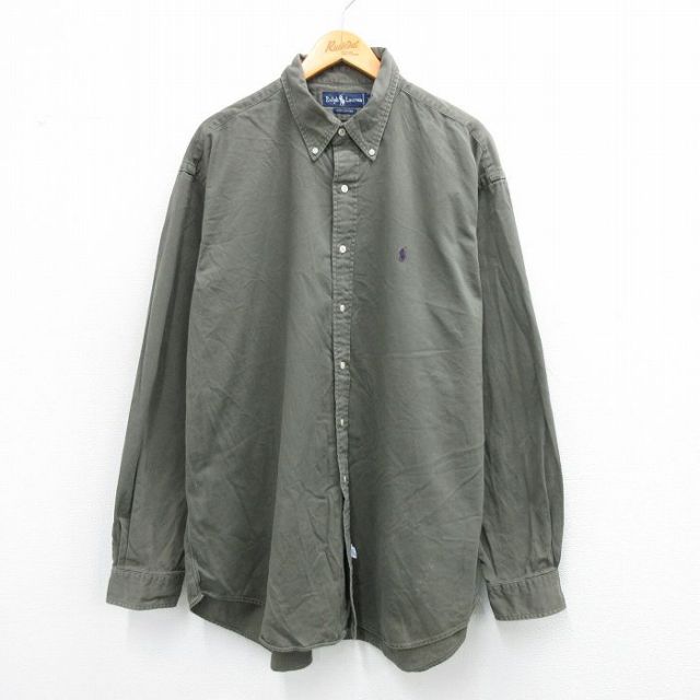 XL★古着 ラルフローレン Ralph Lauren 長袖 ブランド シャツ メンズ 90年代 90s ワンポイントロゴ 大きいサイズ ロング丈 コットン ボタンダウン 濃緑 グリーン 25sep02 中古 トップス