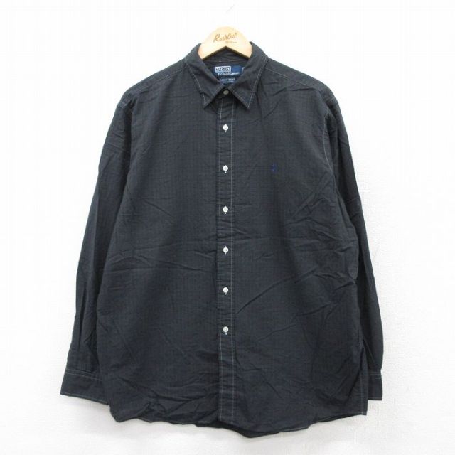 XL★古着 ラルフローレン Ralph Lauren 長袖 ブランド シャツ メンズ 90年代 90s ワンポイントロゴ LOWELL SPORT ロング丈 コットン 黒 ブラック チェック 25sep02 中古 トップス