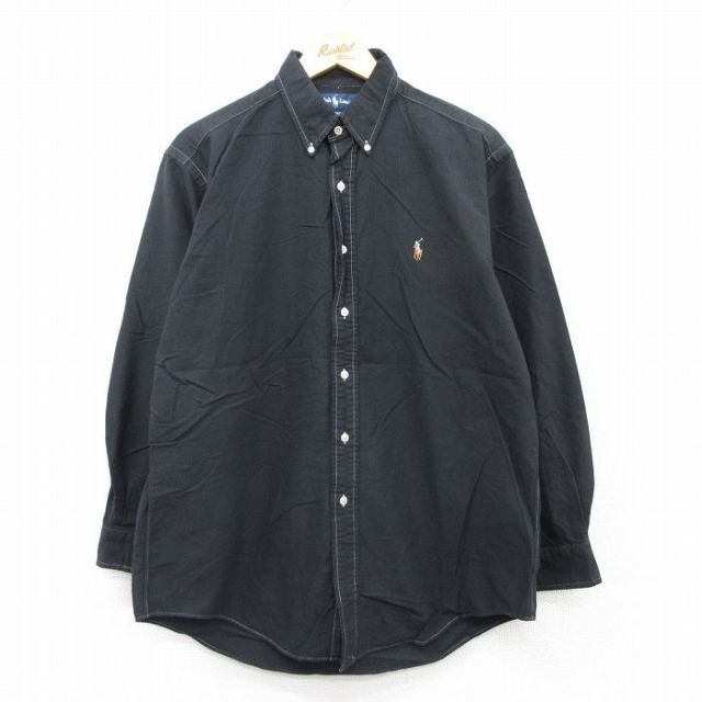 XL★古着 ラルフローレン Ralph Lauren 長袖 ブランド シャツ メンズ 90年代 90s ワンポイントロゴ YARMOUTH オックスフォード コットン ボタンダウン 黒 ブラック 25sep02 中古 トップス