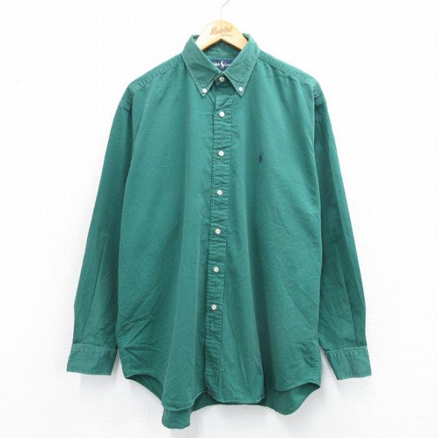 XL★古着 ラルフローレン Ralph Lauren 長袖 ブランド シャツ メンズ 90年代 90s ワンポイントロゴ BLAIRE 大きいサイズ コットン ボタンダウン 緑 グリーン 25sep03 中古 トップス