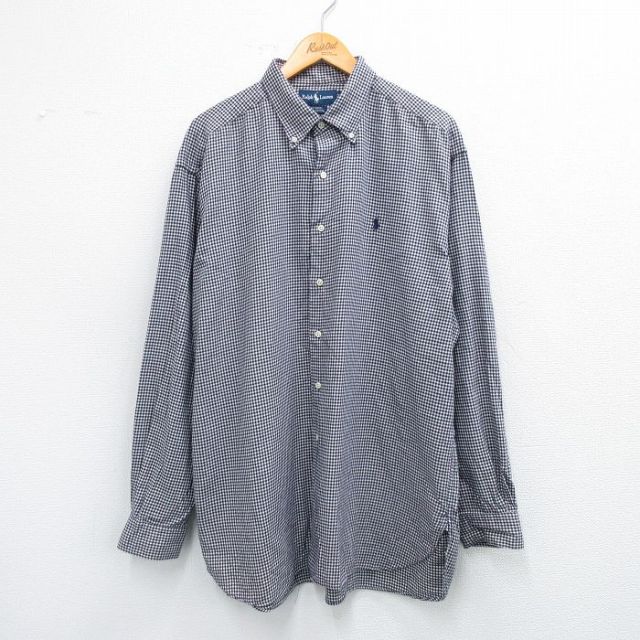 XL★古着 ラルフローレン Ralph Lauren 長袖 ブランド シャツ メンズ 90年代 90s ワンポイントロゴ MCMEEL 大きいサイズ ロング丈 コットン ボタンダウン 紺他 ネイビー チェック 25sep03 中古 トップス