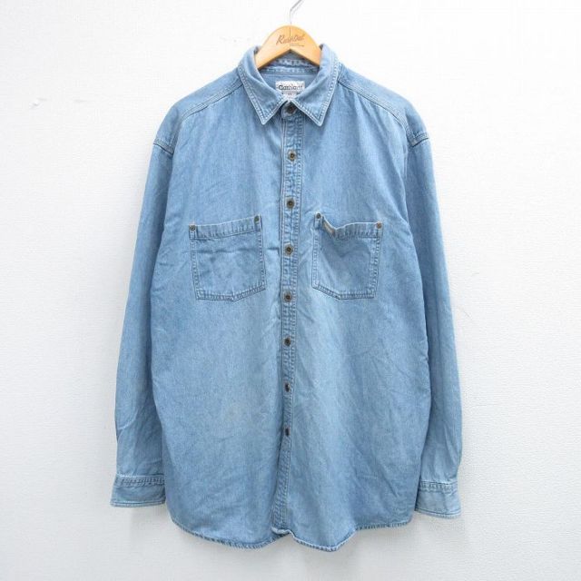 【20%OFF】XL★古着 カーハート Carhartt 長袖 ブランド シャツ メンズ 大きいサイズ ロング丈 コットン 薄紺 ネイビー デニム 25sep03 中古 トップス