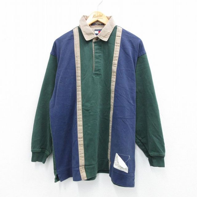 トミーヒルフィガー 90s ラガーシャツ ヒジ当て グリーン L | 古着