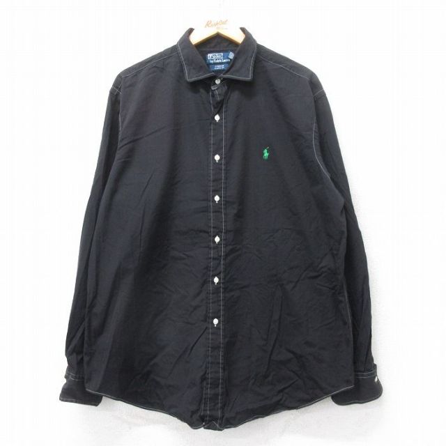 XL★古着 ラルフローレン Ralph Lauren 長袖 ブランド シャツ メンズ 90年代 90s ワンポイントロゴ STANTON 大きいサイズ ロング丈 コットン 黒 ブラック ストライプ 25sep03 中古 トップス