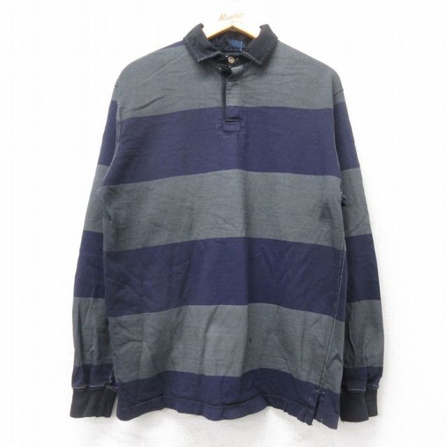 L★古着 ラルフローレン Ralph Lauren 長袖 ブランド ラガー シャツ メンズ 90年代 90s コットン USA製 濃グレー他 ボーダー 25sep03 中古 トップス