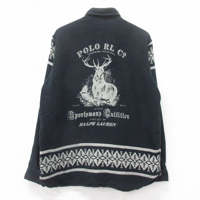 L★古着 ラルフローレン Ralph Lauren 長袖 ブランド シャツ メンズ ビッグロゴ シカ コットン 黒 ブラック 25sep03 中古 トップス