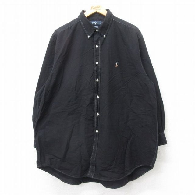 【20%OFF】XL★古着 ラルフローレン Ralph Lauren 長袖 ブランド シャツ メンズ 90年代 90s YARMOUTH オックスフォード 大きいサイズ ロング丈 コットン 黒 ブラック 25sep03 中古 トップス