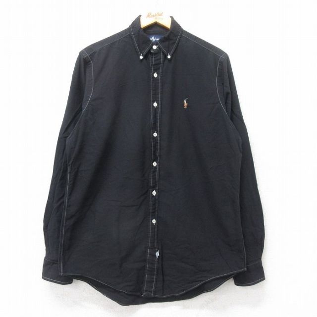 L★古着 ラルフローレン Ralph Lauren 長袖 ブランド シャツ メンズ 90年代 90s ワンポイントロゴ オックスフォード ロング丈 コットン ボタンダウン 黒 ブラック 25sep03 中古 トップス