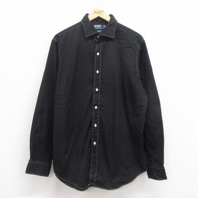 L★古着 ラルフローレン Ralph Lauren 長袖 ブランド シャツ メンズ 90年代 90s ワンポイントロゴ ロング丈 コットン 黒 ブラック 25sep05 中古 トップス