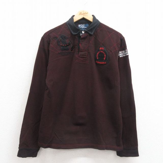 M★古着 ラルフローレン Ralph Lauren 長袖 ブランド ラガー シャツ メンズ 鹿の子 コットン エンジ系他 25sep05 中古 トップス