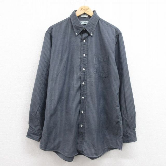 XL★古着 エルエルビーン LLBEAN 長袖 ブランド シャツ メンズ 90年代 90s ロング丈 ボタンダウン USA製 グレー他 ストライプ 25sep05 中古 トップス