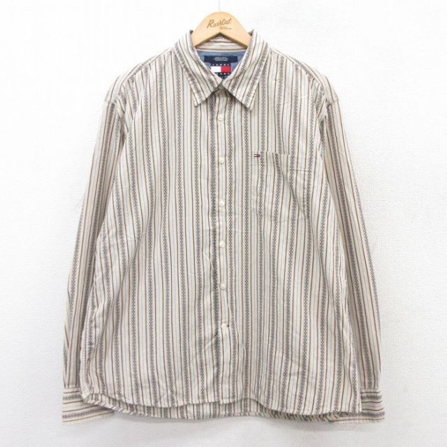 XL★古着 トミーヒルフィガー TOMMY HILFIGER 長袖 ブランド シャツ メンズ 90年代 90s ワンポイントロゴ コットン ベージュ他 カーキ ストライプ 25sep09 中古 トップス