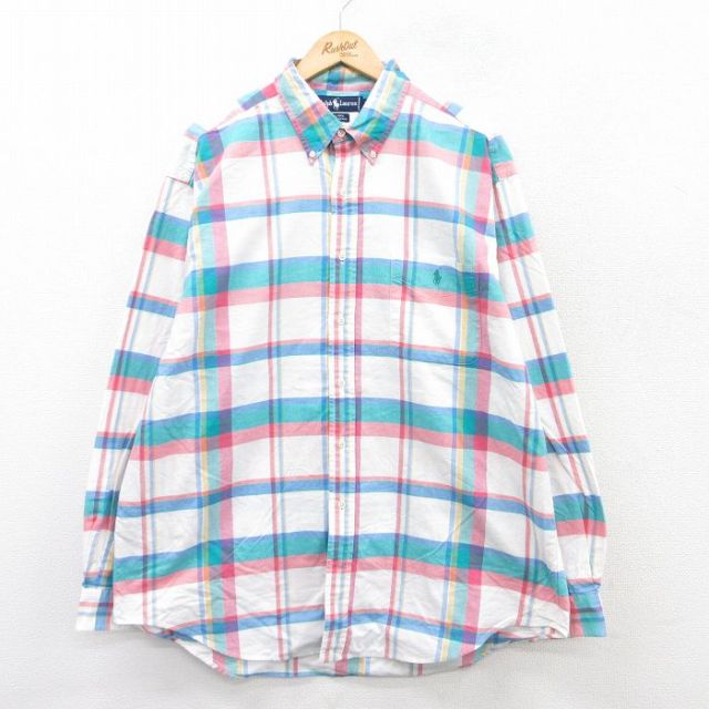 XL★古着 ラルフローレン Ralph Lauren 長袖 ブランド シャツ メンズ 90年代 90s ワンポイントロゴ BLAIRE 大きいサイズ ロング丈 コットン ボタンダウン 白他 ホワイト チェック 25sep09 中古 トップス