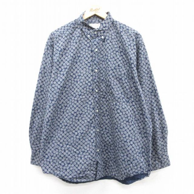 XL★古着 バナナリパブリック BANANA REPUBLIC 長袖 ブランド シャツ メンズ 90年代 90s 総柄 大きいサイズ ロング丈 コットン ボタンダウン 紺他 ネイビー 【spe】 25sep09 中古 トップス