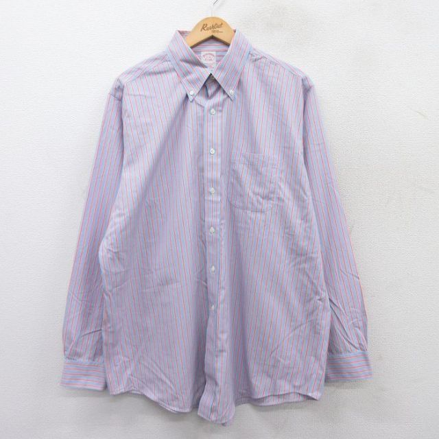 XL★古着 ブルックスブラザーズ BROOKS BROTHERS 長袖 ブランド シャツ メンズ 大きいサイズ ロング丈 コットン ボタンダウン 薄紺他 ネイビー ストライプ 25sep09 中古 トップス