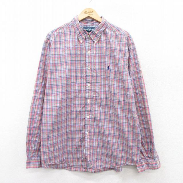 XL★古着 ラルフローレン Ralph Lauren 長袖 ブランド シャツ メンズ 90年代 90s ワンポイントロゴ 大きいサイズ コットン ボタンダウン ピンク系他 チェック 25sep09 中古 トップス