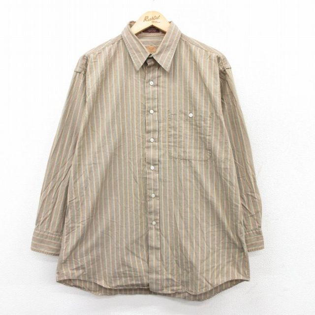 XL★古着 ラルフローレン Ralph Lauren チャップス 長袖 ブランド シャツ メンズ 80年代 80s ロング丈 コットン USA製 ベージュ系他 カーキ ストライプ 25sep09 中古 トップス