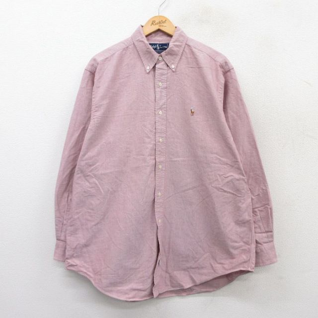 XL★古着 ラルフローレン Ralph Lauren 長袖 ブランド シャツ メンズ 90年代 90s ワンポイントロゴ オックスフォード 大きいサイズ ロング丈 コットン ボタンダウン エンジ系 25sep09 中古 トップス