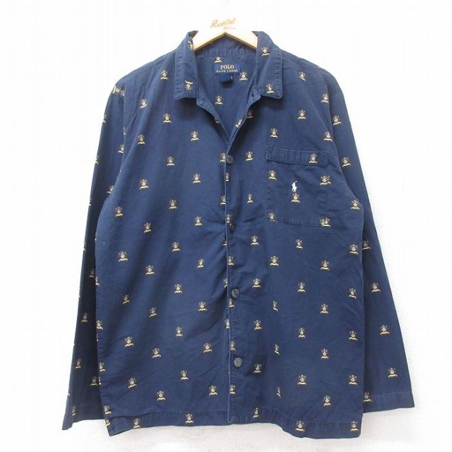 L★古着 ラルフローレン Ralph Lauren 長袖 ブランド パジャマ シャツ メンズ ワンポイントロゴ 総柄 コットン 紺他 ネイビー 25sep10 中古 トップス