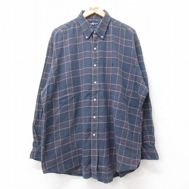 XL★古着 ラルフローレン Ralph Lauren 長袖 ブランド シャツ メンズ 90年代 90s ワンポイントロゴ 大きいサイズ ロング丈 コットン ボタンダウン 緑他 グリーン チェック 25sep10 中古 トップス