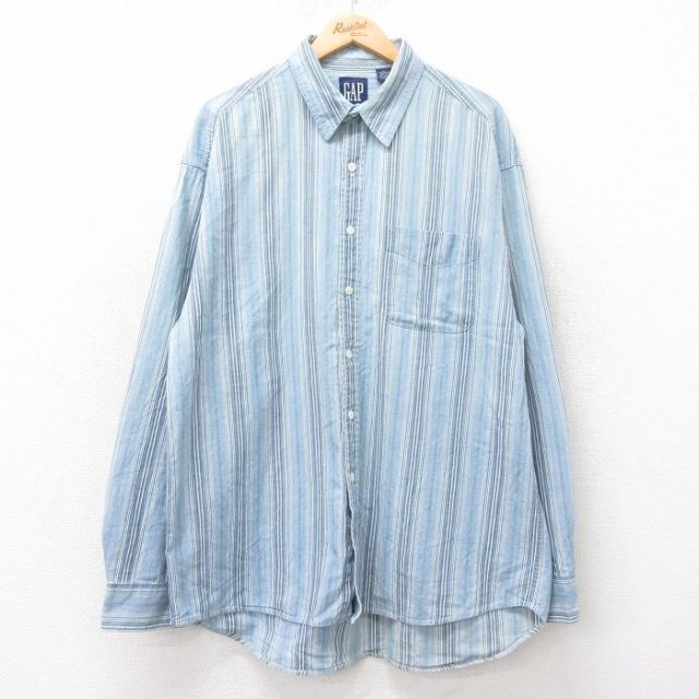 【20%OFF】XL★古着 ギャップ GAP 長袖 ブランド シャツ メンズ 90年代 90s ロング丈 コットン 薄紺他 ネイビー ストライプ 【spe】 25sep10 中古 トップス