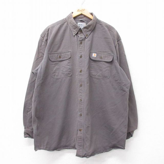 XL★古着 カーハート Carhartt 長袖 ブランド シャツ メンズ ワンポイントロゴ 大きいサイズ ロング丈 コットン ボタンダウン 濃グレー 25sep10 中古 トップス
