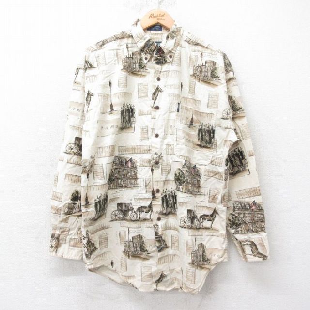 L★古着 ラルフローレン Ralph Lauren チャップス 長袖 ブランド シャツ メンズ 80年代 80s 馬車 ロング丈 コットン ボタンダウン 薄ベージュ他 カーキ 【spe】 25sep10 中古 トップス