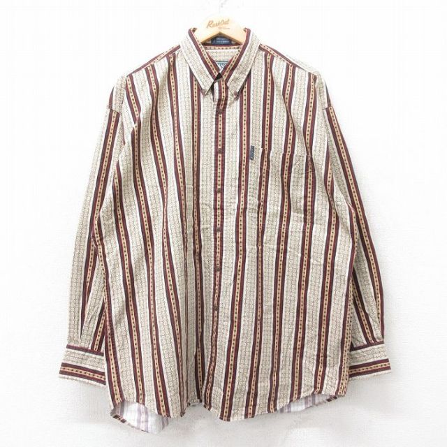 XL★古着 ラルフローレン Ralph Lauren チャップス 長袖 ブランド シャツ メンズ 80年代 80s 大きいサイズ コットン ボタンダウン ベージュ系他 カーキ ストライプ 【spe】 25sep10 中古 トップス