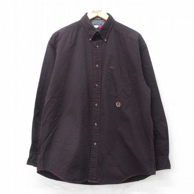 XL★古着 トミーヒルフィガー TOMMY HILFIGER 長袖 ブランド シャツ メンズ 90年代 90s ワンポイントロゴ コットン ボタンダウン 黒系 ブラック 25sep11 中古 トップス