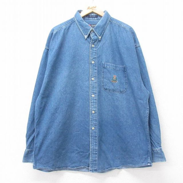 XL★古着 ラルフローレン Ralph Lauren チャップス 長袖 ブランド シャツ メンズ 90年代 90s ワンポイントロゴ 大きいサイズ ロング丈 コットン ボタンダウン 紺 ネイビー デニム 【spe】 25sep11 中古 トップス