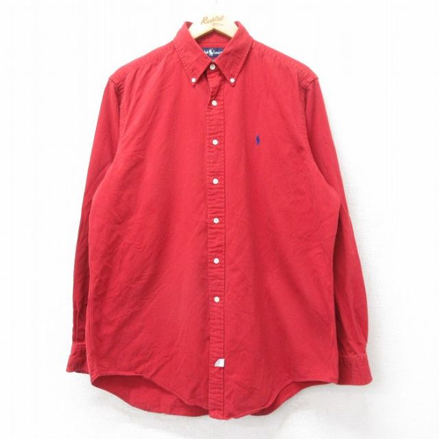 XL★古着 ラルフローレン Ralph Lauren 長袖 ブランド シャツ メンズ 90年代 90s ワンポイントロゴ ロング丈 コットン ボタンダウン 赤 レッド 25sep11 中古 トップス