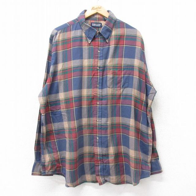 XL★古着 ランズエンド 長袖 ブランド シャツ メンズ 00年代 00s 大きいサイズ ロング丈 コットン ボタンダウン 紺他 ネイビー チェック 25sep11 中古 トップス