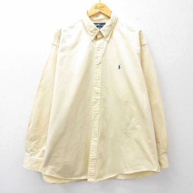 XL★古着 ラルフローレン Ralph Lauren 長袖 ブランド シャツ メンズ 90年代 90s ワンポイントロゴ BLAKE 大きいサイズ ロング丈 コットン ボタンダウン 黄 イエロー 25sep18 中古 トップス